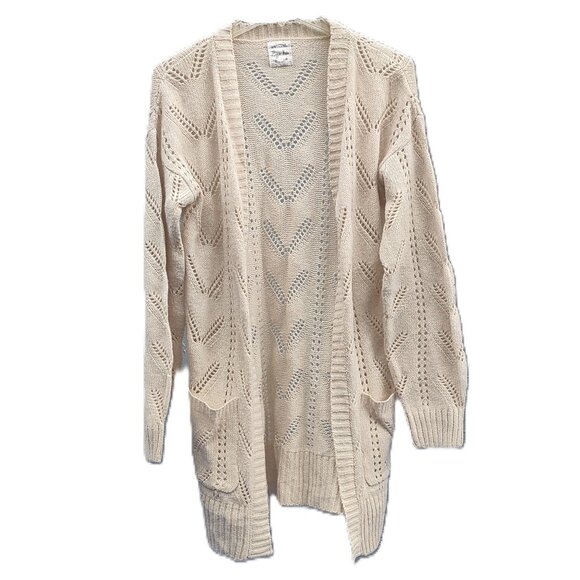 Hippie Rose Cream/Tan/Beige Long Cardigan Sweater Pattern Pockets Size Small - Picture 1 of 7